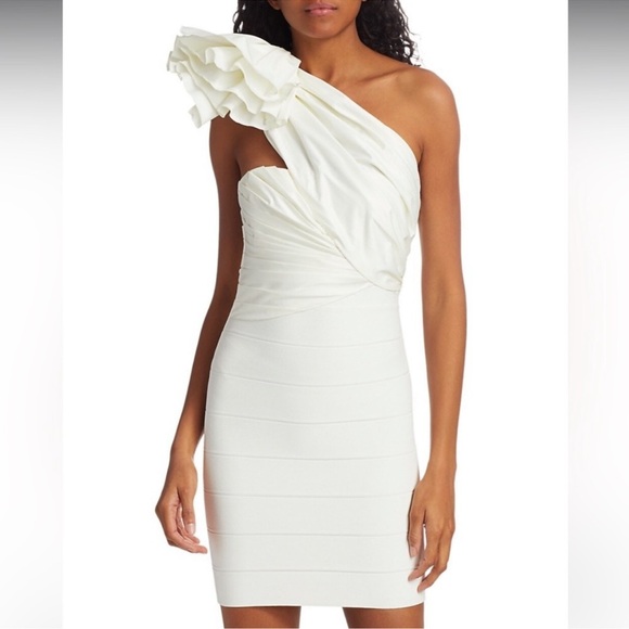 HERVE LÉGER One-Shoulder Taffeta Ruffle
Mini Dress White. Alabaster size XS - Picture 2 of 4